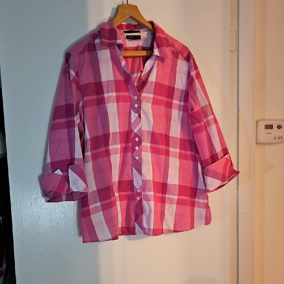 Foxcroft Tops - Foxcroft Pink & White Plaid Roll-Tab Button Blouse